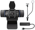 Logitech C920S Pro HD Webcam Bundle with Webcam Stand with Selfie Ring Light and 4-Port USB Hub (3 Items)