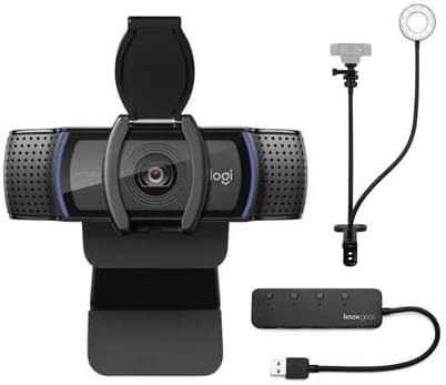 Logitech C920S Pro HD Webcam Bundle with Webcam Stand with Selfie Ring Light and 4-Port USB Hub (3 Items)