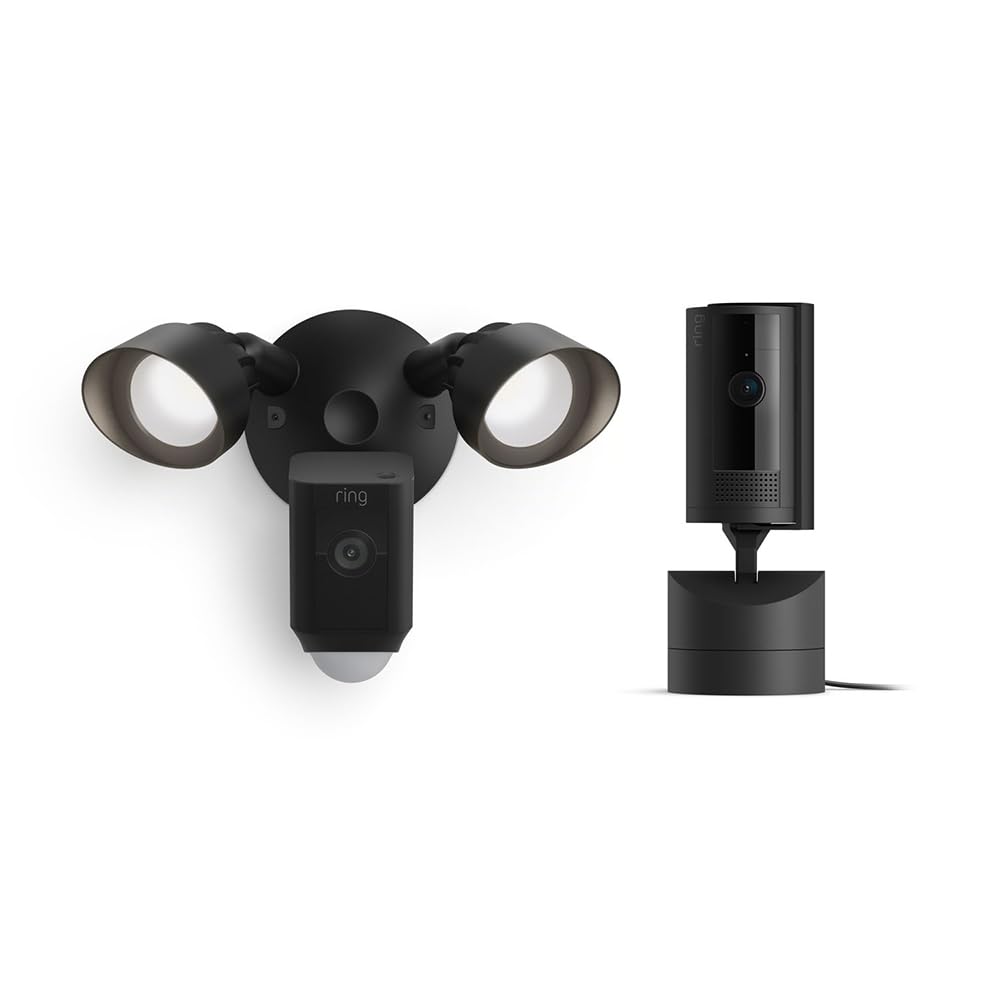 Ring Pan-Tilt Indoor Cam, Black with Ring Floodlight Cam Wired Plus, Black