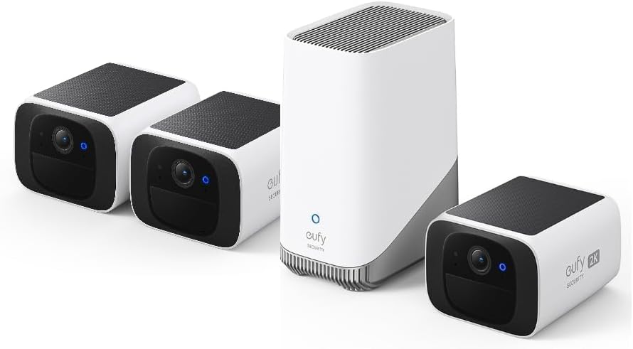 eufy Security S220 SoloCam 3-Cam Pack with Homebase 3, Solar Security Camera, Wireless Outdoor Camera, Continuous Power, 2K Resolution, Wireless, 2.4 GHz Wi-Fi, No Monthly Fee, HomeBase 3 Compatible