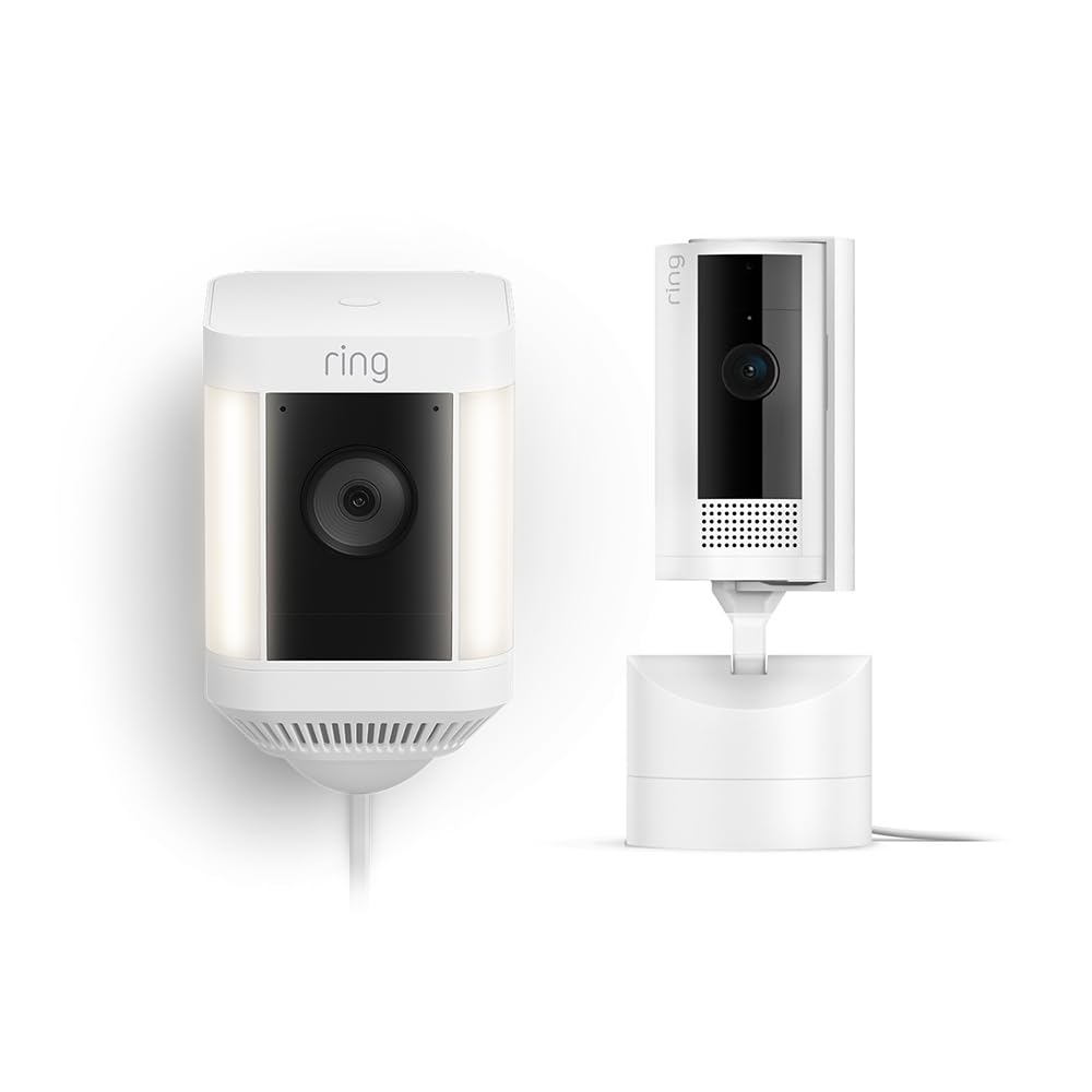 Ring Pan-Tilt Indoor Cam, White with Ring Spotlight Cam Plus Plug-In, White