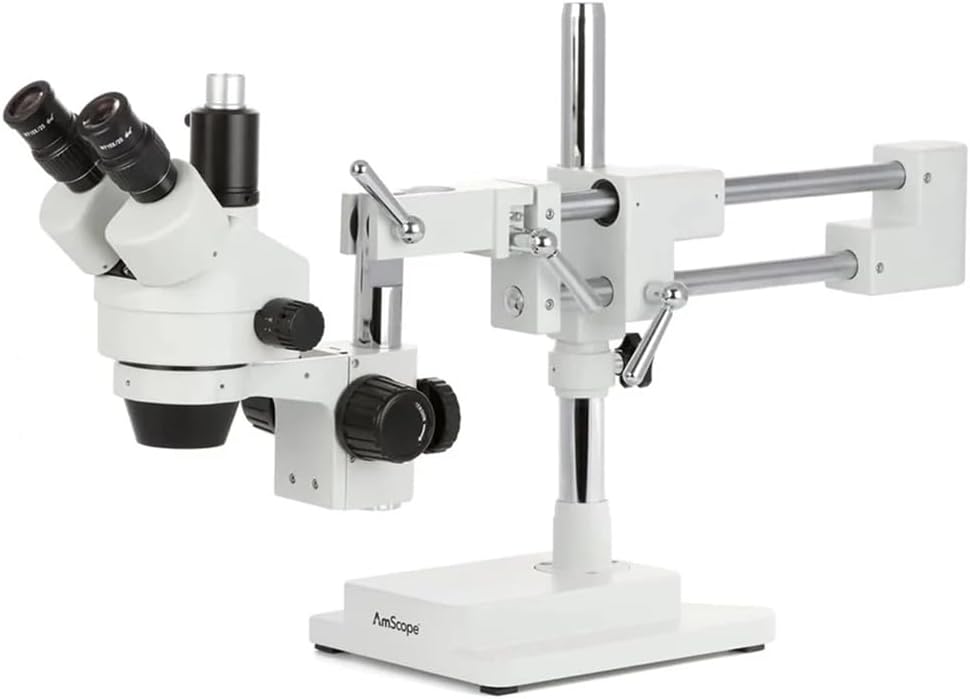 AmScope SM-4TPZ Professional Trinocular Stereo Zoom Microscope with Simultaneous Focus Control, WH10x Eyepieces, 3.5X-90X Magnification, 0.7X-4.5X Zoom Objective, Ambient Lighting, Double-Arm Boom Stand, Includes 0.5X and 2.0X Barlow Lens