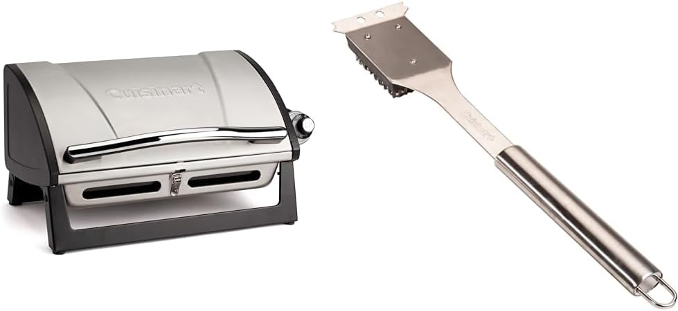 Cuisinart CGG-059A Grillster 8,000 BTU Portable Propane Tabletop Gas Grill & CCB-5014 BBQ Grill Cleaning Brush and Scraper, 16.5', Stainless Steel, 16. 5