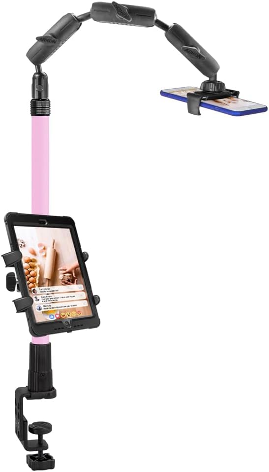 ARKON Mounts Remarkable Creator Pro+Plus Clamp Mount with Pink Extension Pole | Content Creators & Hobbyists | LED Light | Solid Clamp | Fits iPad, iPhone, and More
