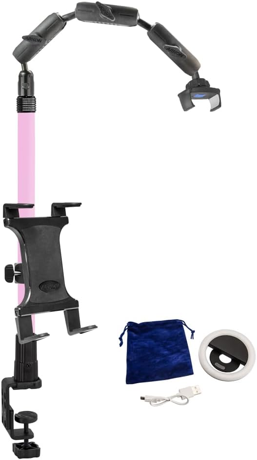ARKON Mounts Remarkable Creator Pro+Plus Clamp Mount with Pink Extension Pole | Content Creators & Hobbyists | LED Light | Solid Clamp | Fits iPad, iPhone, and More