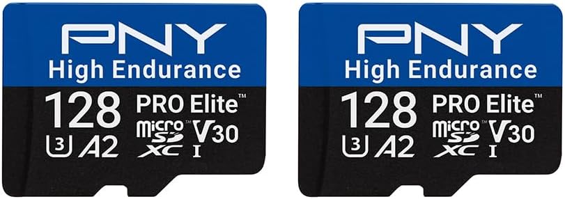 PNY 128GB PRO Elite™ High Endurance C10 U3 V30 A2 microSDXC – Up to 34.4K Continuous Recording Hours, Up to 100/90MB/s Read/Write, 4K UHD, Full HD, UHS-I, Surveillance, Home Security, Dash Cam, 2-Pack