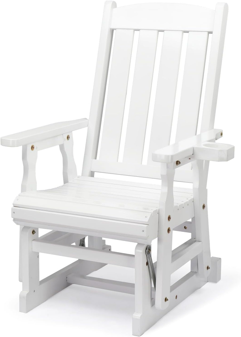 VINGLI Outdoor Glider Chair Wood Patio Glider with Cup Holder, Porch Glider with Smooth Rocking Mechanism, Heavy Duty 600 LBS, White