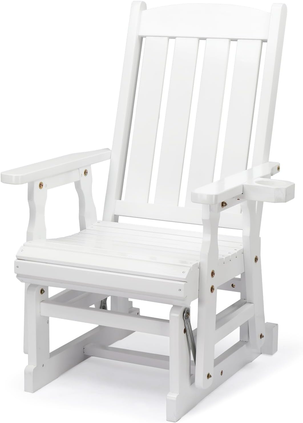 VINGLI Outdoor Glider Chair Wood Patio Glider with Cup Holder, Porch Glider with Smooth Rocking Mechanism, Heavy Duty 600 LBS, White