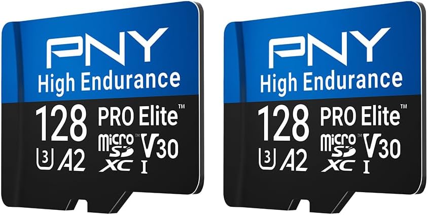 PNY 128GB PRO Elite™ High Endurance C10 U3 V30 A2 microSDXC – Up to 34.4K Continuous Recording Hours, Up to 100/90MB/s Read/Write, 4K UHD, Full HD, UHS-I, Surveillance, Home Security, Dash Cam, 2-Pack