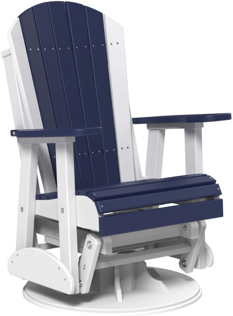 LuxCraft 2' Adirondack Outdoor Swivel Glider Chair, Patio Gliding Rocker, Swiveling Glider Rocking Chair for Outside (Patriot Blue/White)