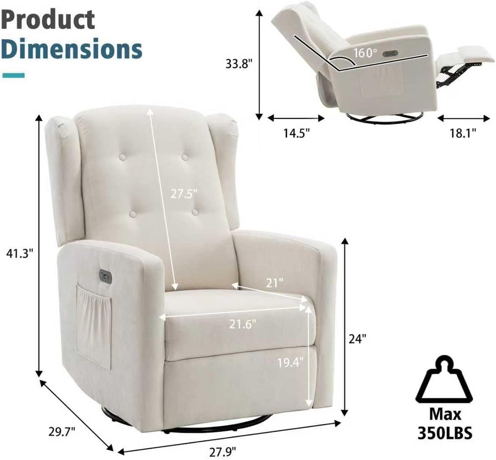 Ketaiyou Power Swivel Rocking Recliner Chair, High Back Electric Rocker Nursery Glider Chair, USB and Type-C Ports, Upholstered Fabric Reclining Single Sofa Chair for Living Room (Beige)