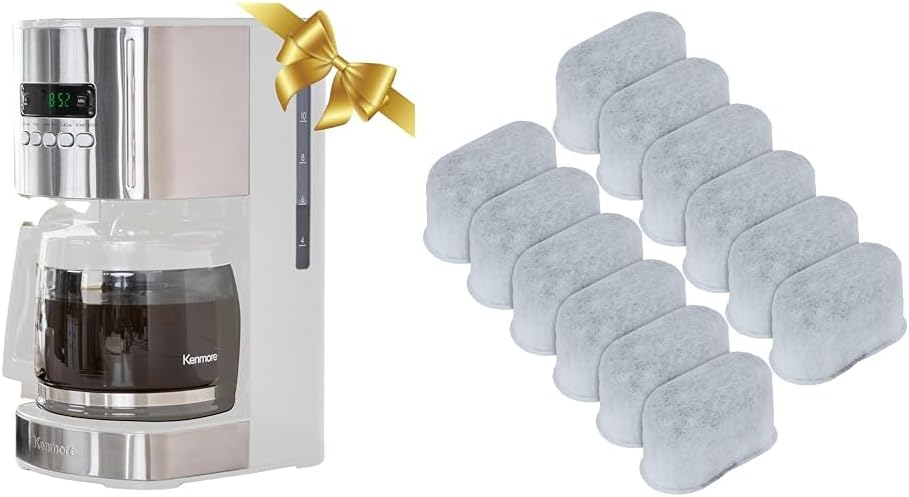 Kenmore Aroma Control 12 Cup Programmable Coffee Maker White and Stainless Steel Drip Coffee Machine & Kenmore/Keurig/Cuisinart/Braun compatible replacement charcoal water filter 12 Pack pure