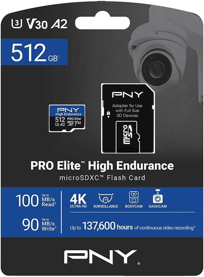 PNY 512GB PRO Elite™ High Endurance C10 U3 V30 A2 microSDXC – Up to 137.6K Continuous Recording Hours, Up to 100/90MB/s Read/Write, 4K UHD, Full HD, UHS-I, Surveillance, Home Security, Dash Cam