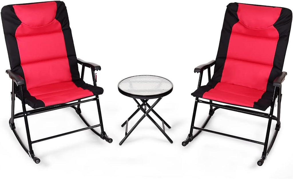 Tangkula 3-Piece Folding Bistro Set, Outdoor Rocking Chairs & Round Table, Patio Folding Furniture Set for Backyard, Garden, Poolside, Porch (Red)