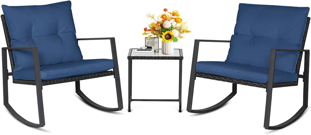 SUNCROWN 3 Piece Outdoor Rocking Bistro Set Black Wicker Furniture Porch Chairs Conversation Sets with Glass Coffee Table, Dark Blue