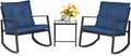SUNCROWN 3 Piece Outdoor Rocking Bistro Set Black Wicker Furniture Porch Chairs Conversation Sets with Glass Coffee Table, Dark Blue