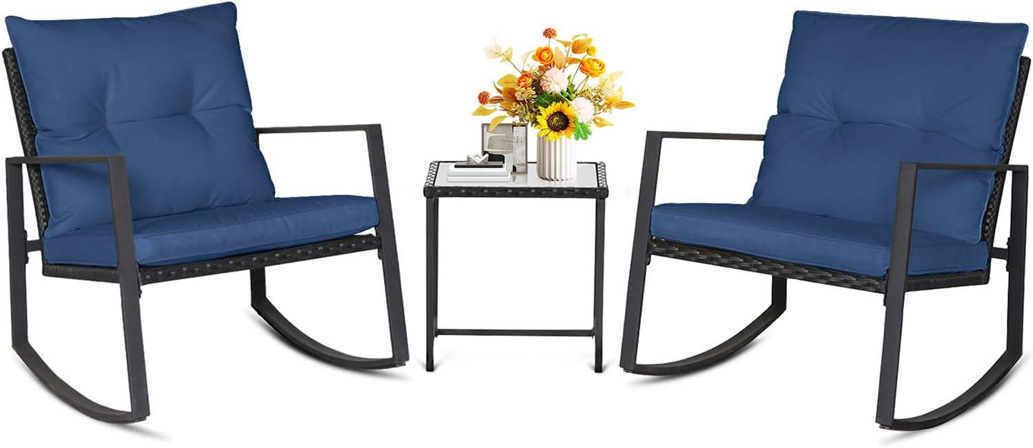 SUNCROWN 3 Piece Outdoor Rocking Bistro Set Black Wicker Furniture Porch Chairs Conversation Sets with Glass Coffee Table, Dark Blue