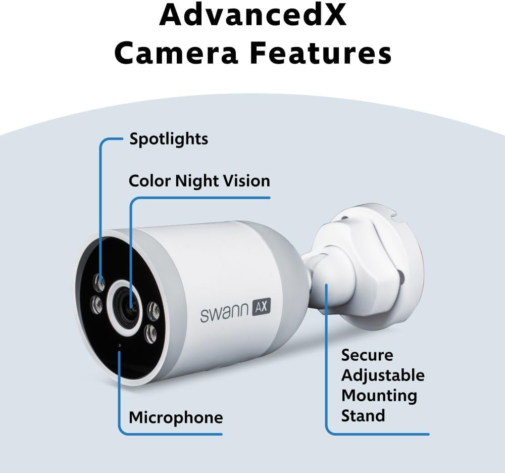 Swann AdvancedX Wired NVR 4K Security Camera System, 8 Channels, 4 PoE Cameras Outdoor, 1TB HDD Storage, Color Night Vision, Smart AI Video Analytics/Alerts, Motion Detection, 24/7 Recording