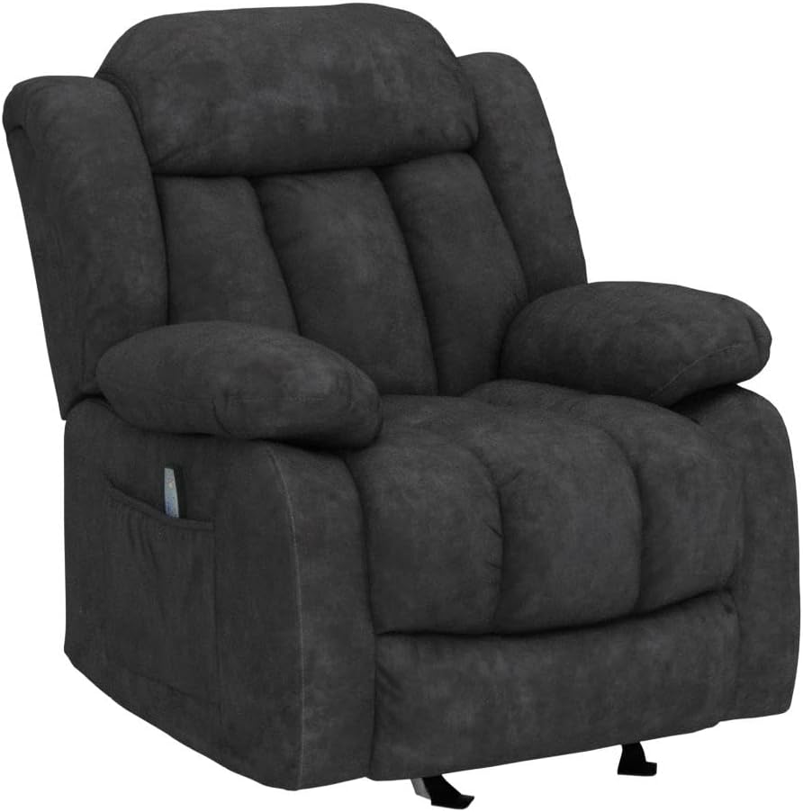 INZOY Massage Swivel Rocker Recliner with Heat and Vibration, Manual Rocking Recliner Chair with Vibrating Massage, Comfy Padded Overstuffed Soft Fabric Heated Recliner, Grey