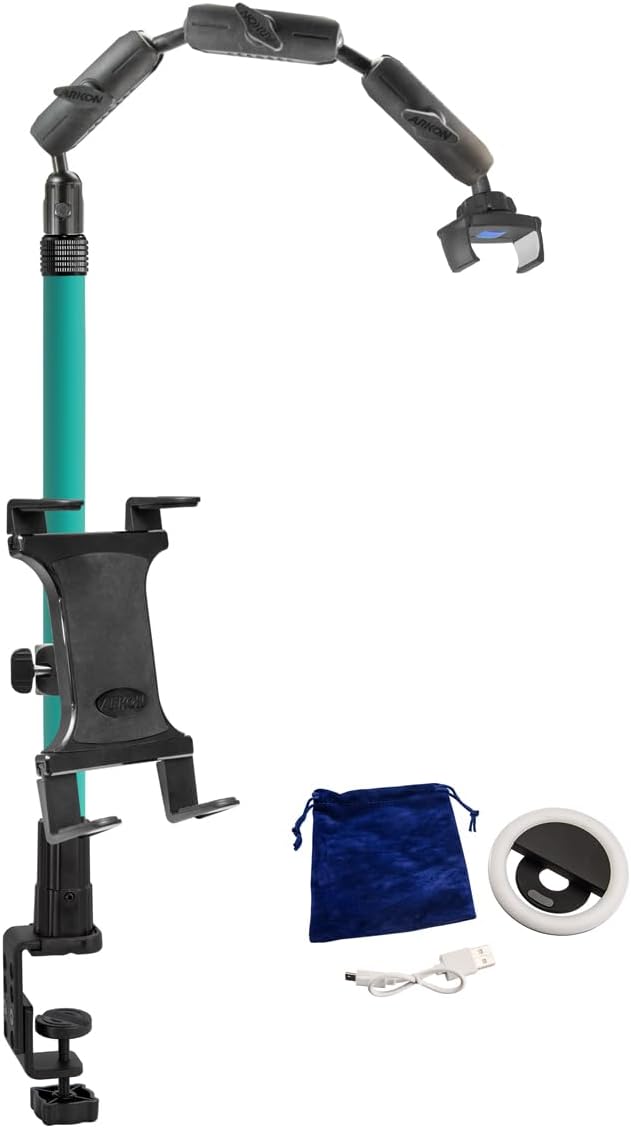 ARKON Mounts Remarkable Creator Pro+Plus Clamp Mount with Teal Extension Pole | Content Creators & Hobbyists | LED Light | Solid Clamp | Fits iPad, iPhone, and More
