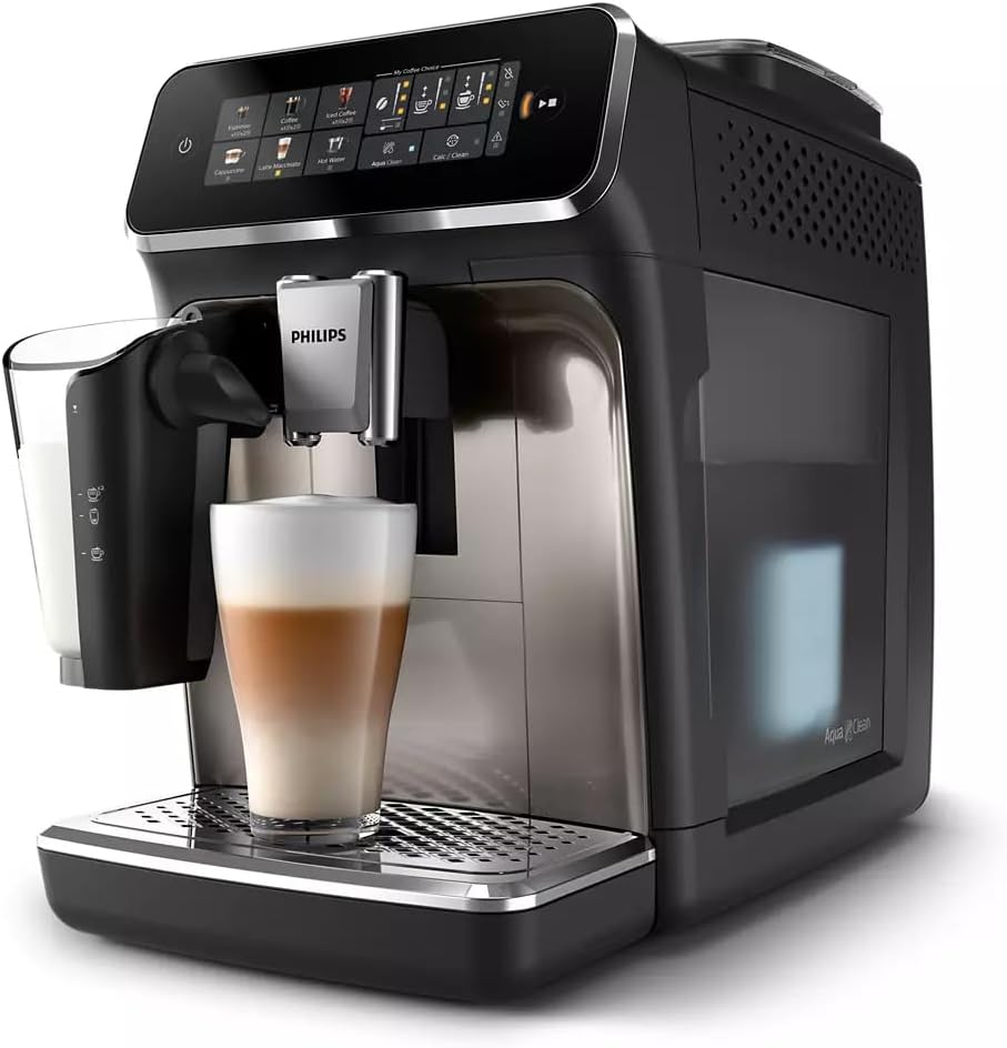 Philips 3300-Series Fully Automatic Espresso Machine - 6 Drinks, Modern Colour Touch Screen, LatteGo Milking System, SilentBrew, 100% Ceramic Grinder, AquaClean Filter. Black Chrome (EP3347/90) (Renewed)