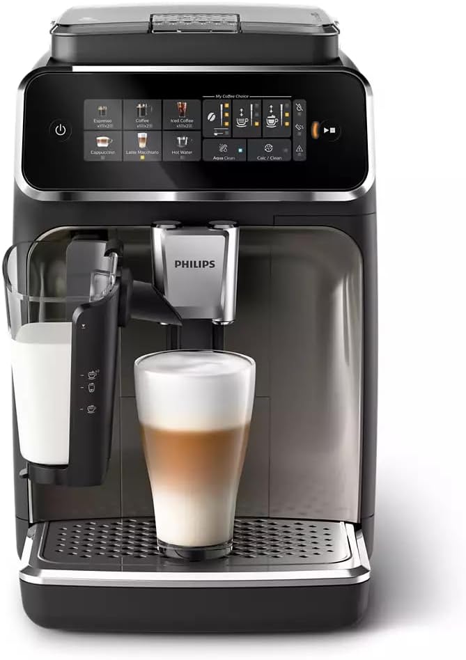 Philips 3300-Series Fully Automatic Espresso Machine - 6 Drinks, Modern Colour Touch Screen, LatteGo Milking System, SilentBrew, 100% Ceramic Grinder, AquaClean Filter. Black Chrome (EP3347/90) (Renewed)