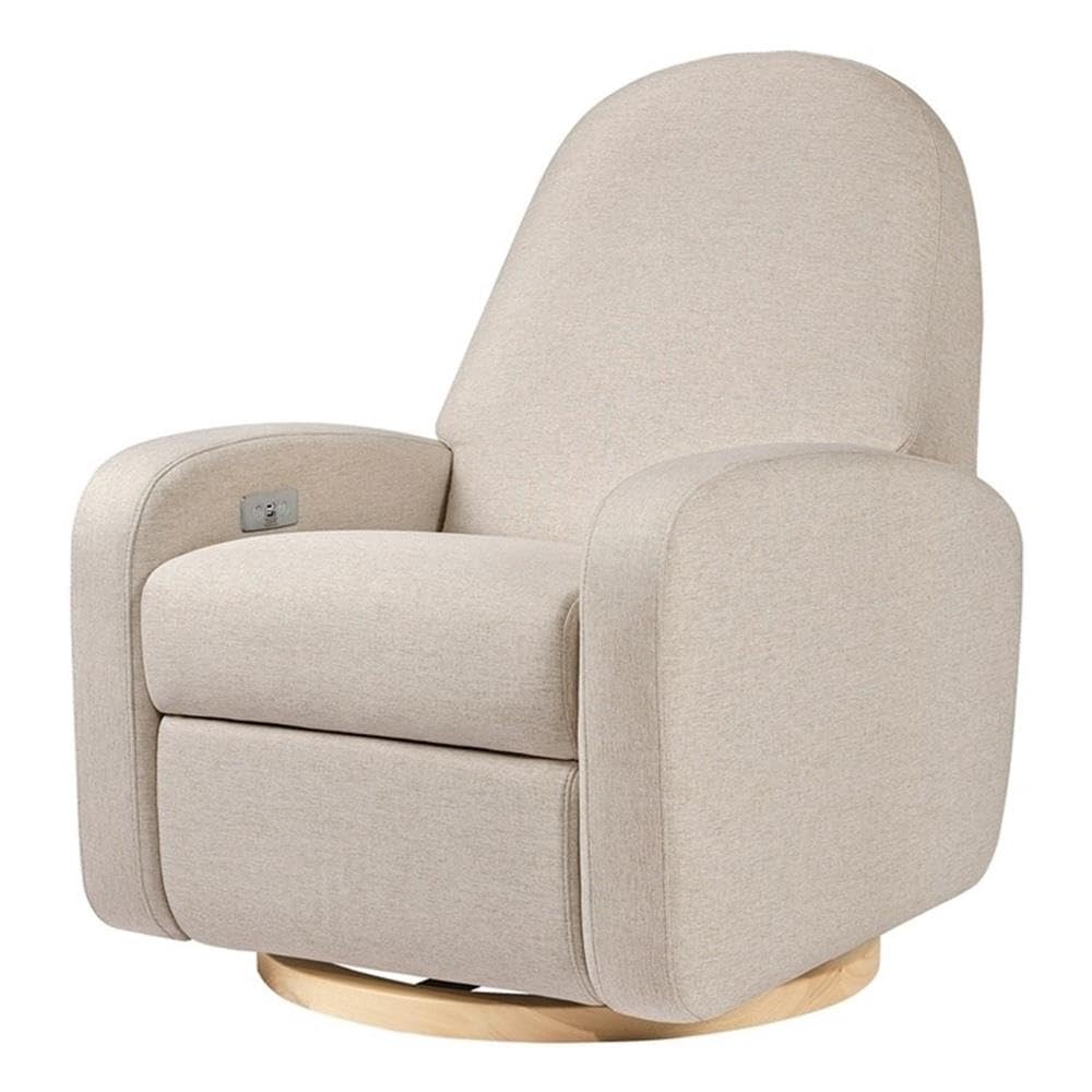 Babyletto Nami Electronic Power Recliner and Swivel Glider w/USB Port in Performance Beach Eco-Weave with Light Wood Base, Water Repellent & Stain Resistant, Greenguard Gold & CertiPUR-US Certified