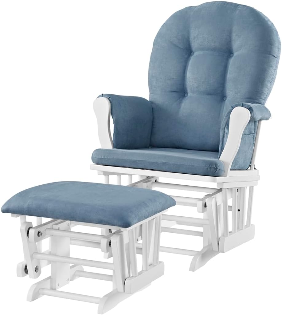Angel Line Grayson Glider and Ottoman, White Finish with Blue Cushions, Wood Frame, 100% Polyester Fabric