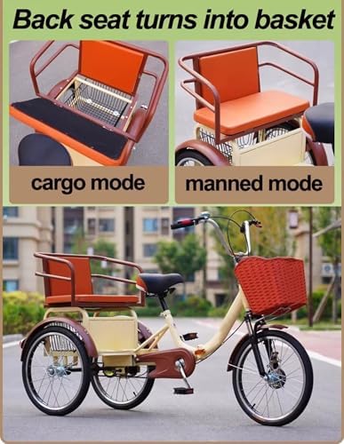 3-Wheel Cruiser Bike with Spoked Wheels, Rear Passenger Seat, Cargo Carrier, Dual Brakes, Folding Pedal Assist Trike for Men & Women, Front Suspension, Dual Chain Drive