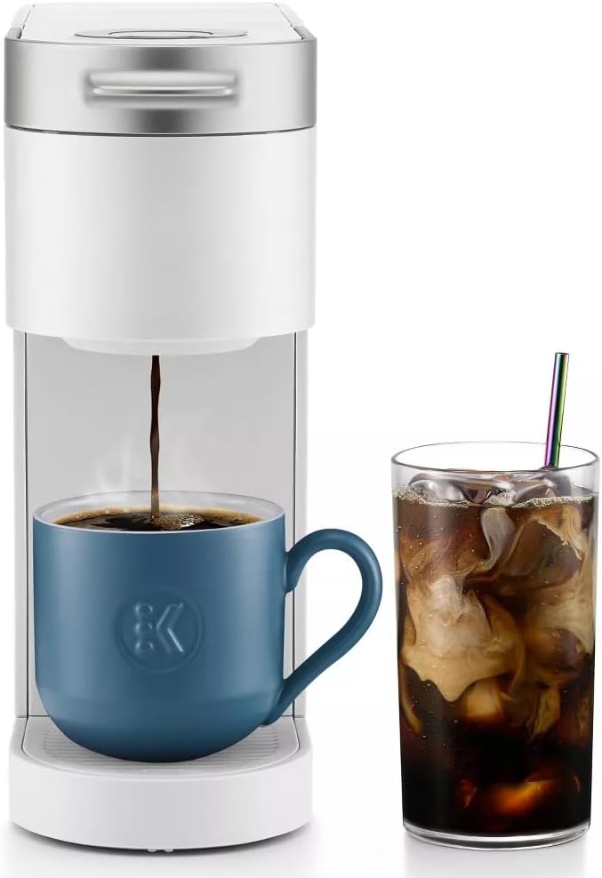 K-Iced Plus Single-Serve Coffee Maker & Espresso Machine - Brews Iced & Hot Coffee, Compact Design, Fits Travel Mugs, 46 oz Removable Water Reservoir, Auto Shut-Off, KCup Compatible, White