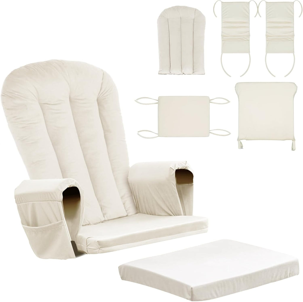 Lucky Monet 5PCS Velvet Glider Rocker Replacement Cushions, Thickened & Supportive Rocking Chair Cushion Set with 29.5 Inch High Backrest & Storage Pockets, for Indoor Nursery Glider, Beige