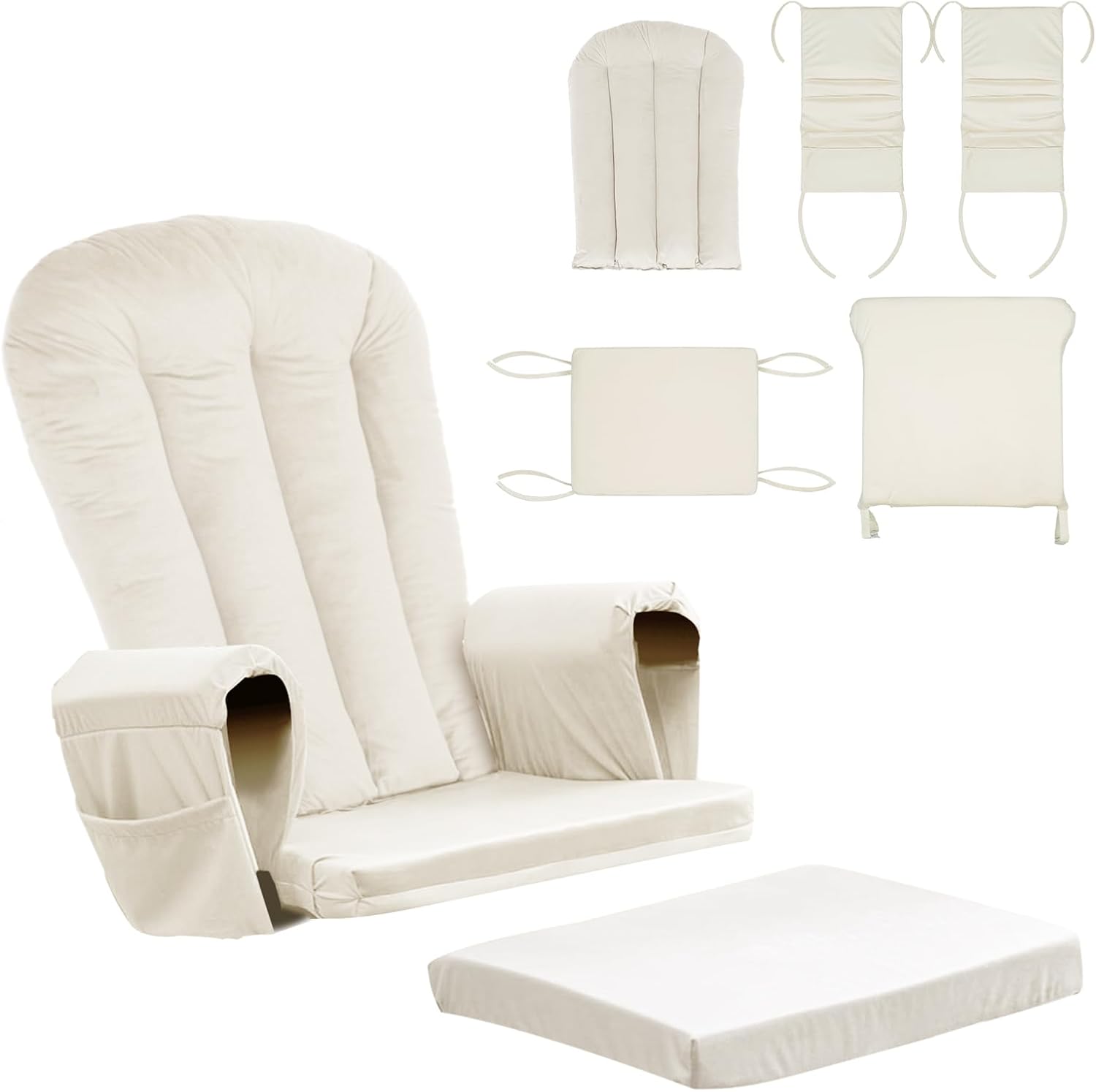 Lucky Monet 5PCS Velvet Glider Rocker Replacement Cushions, Thickened & Supportive Rocking Chair Cushion Set with 29.5 Inch High Backrest & Storage Pockets, for Indoor Nursery Glider, Beige