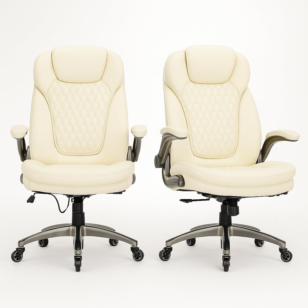 COLAMY Ergonomic Office Chair, Set of 2 Boxes, High Back Leather Desk Chair with Flip-up Arms, Adjustable Height & Rocking Function, Silent Wheels, Ivory Executive Computer Chair, 300lbs Capacity