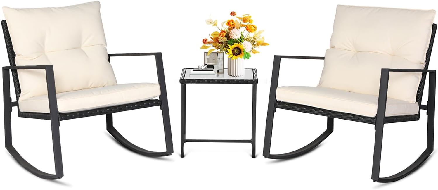SUNCROWN 3 Piece Outdoor Rocking Bistro Set Black Wicker Furniture Porch Chairs Conversation Sets with Glass Coffee Table, Beige