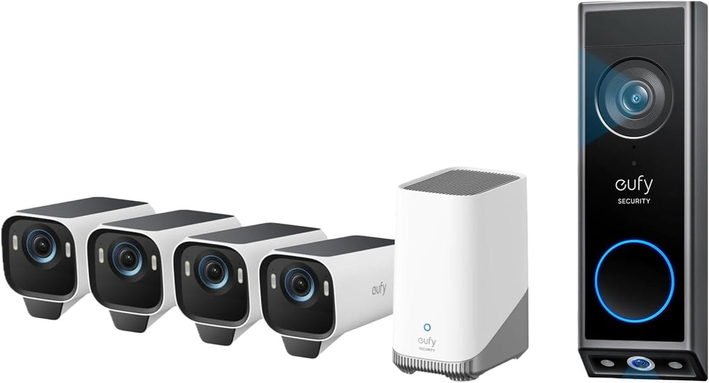 eufy Security eufyCam S3 Pro 4-Cam Kit + Video Doorbell E340, Solar Camera Outdoor Wireless, MaxColor Night Vision, 4K Security Camera with Solar Panel, Dual Cameras with Delivery Guard