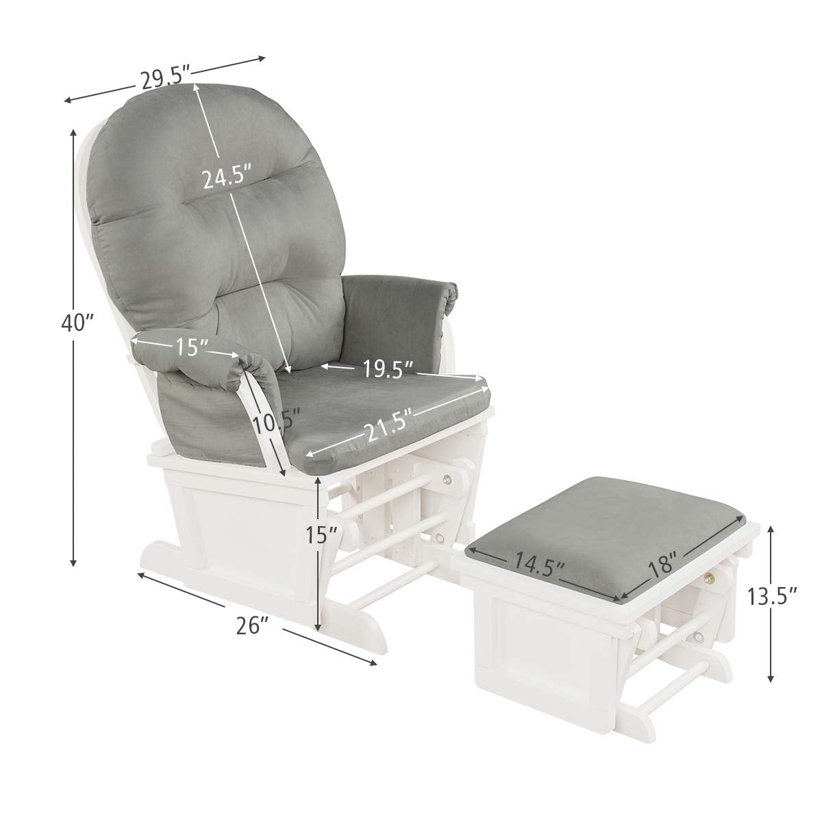 Costzon Baby Glider and Ottoman Cushion Set, Wood Baby Rocker Nursery Furniture for Napping, Nursing, Reading, Upholstered Comfort Nursery Chair w/Padded Armrests & Detachable Cushion (Light Grey)