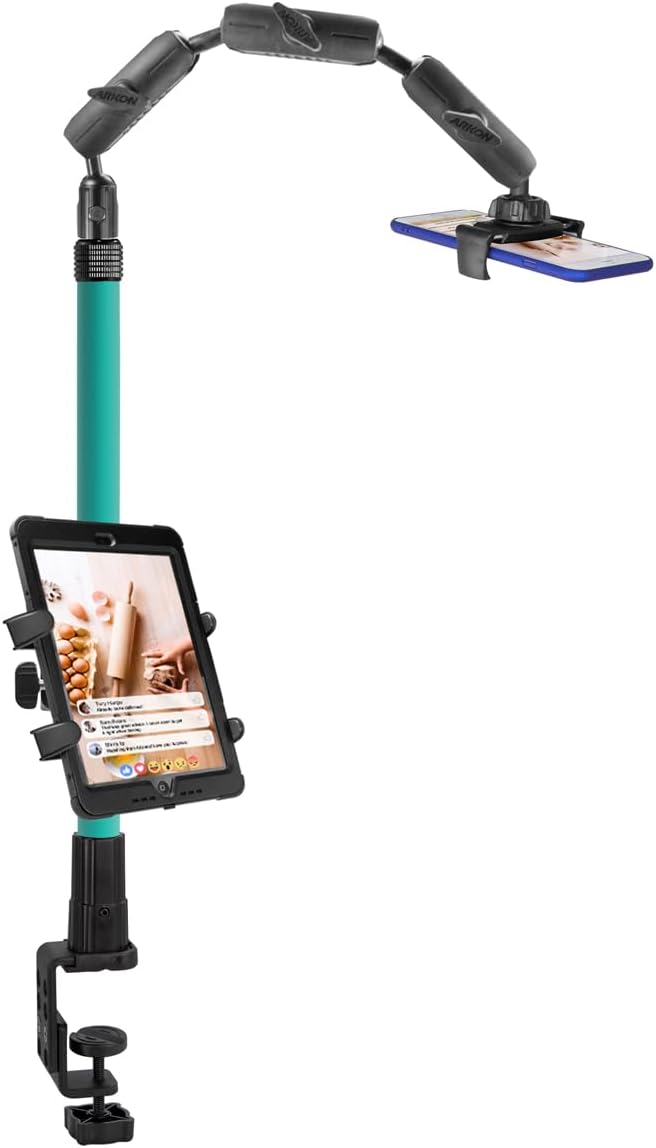 ARKON Mounts Remarkable Creator Pro+Plus Clamp Mount with Teal Extension Pole | Content Creators & Hobbyists | LED Light | Solid Clamp | Fits iPad, iPhone, and More