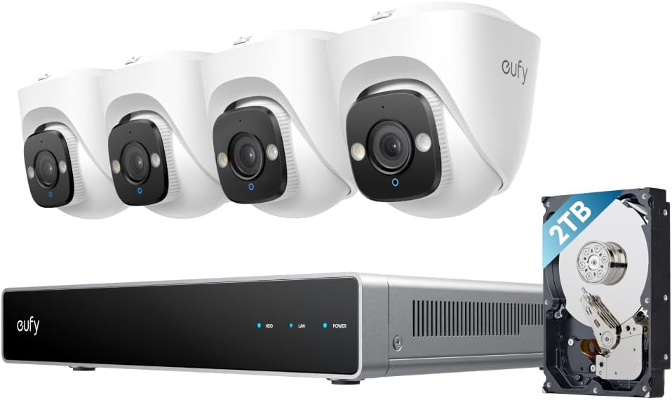 eufy PoE NVR Security System E41,24/7 Recording,Up to 16CH, 2TB HDD, 4 4K Turret Cams, Wired Outdoor Cam, 4K UHD, 122° FOV, Color Night Vision, AI Detection, Red and Blue Strobe