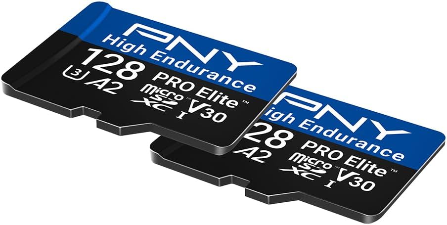 PNY 128GB PRO Elite™ High Endurance C10 U3 V30 A2 microSDXC – Up to 34.4K Continuous Recording Hours, Up to 100/90MB/s Read/Write, 4K UHD, Full HD, UHS-I, Surveillance, Home Security, Dash Cam, 2-Pack