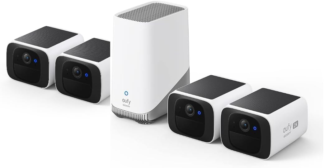 eufy Security S220 SoloCam 4-Cam Pack with Homebase 3, Solar Security Camera, Wireless Outdoor Camera, Continuous Power, 2K Resolution, Wireless, 2.4 GHz Wi-Fi, No Monthly Fee, HomeBase 3 Compatible