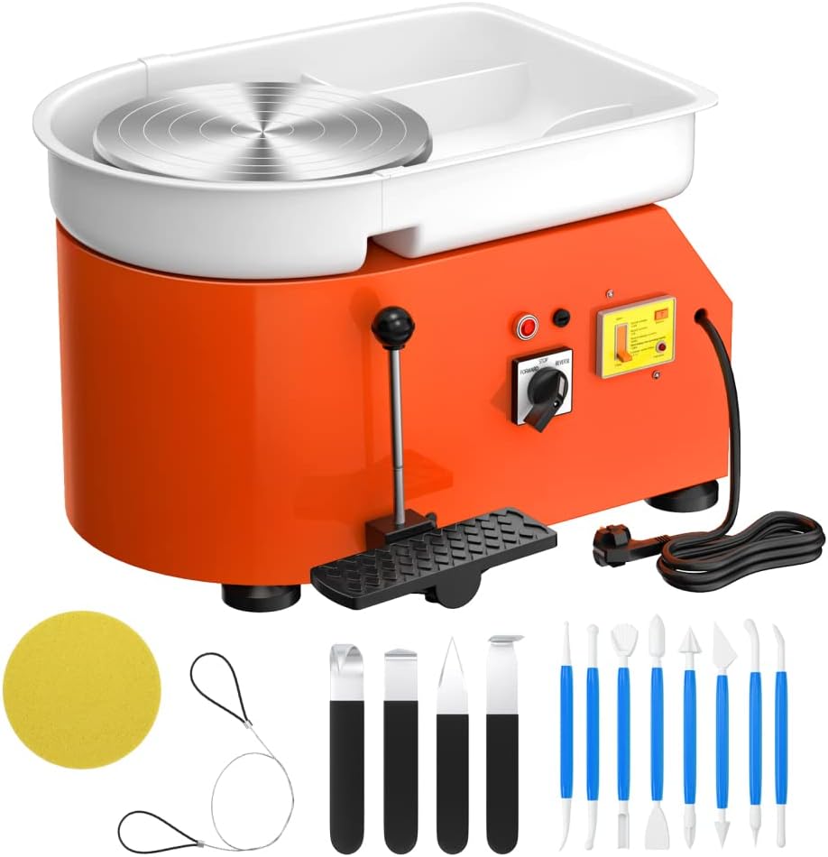 Pottery Wheel Pottery Forming Machine 25CM 350W Electric Pottery Wheel with Foot Pedal DIY Clay Tool Ceramic Machine Work Clay Art Craft (Orange)