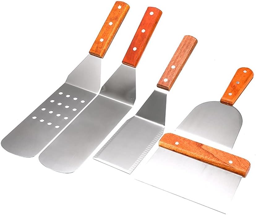 5Pcs / Set Stainless Steel Spatula with Wood Handle Grill Griddle Salad Scraper Chopper BBQ Baking Cooking Utensils Kitchen Tools