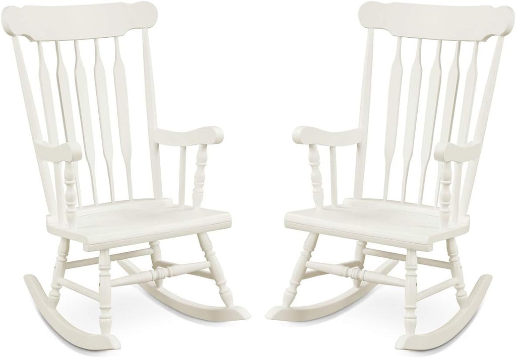 Giantex Outdoor Wood Rocking Chair Set of 2 - Patio Rocking Chair with Rubber Wood Frame, Slat Back, Outside & Indoor Rocker for Garden, Poolside, Balcony, Backyard, Lawn, Front Porch Rocker, White