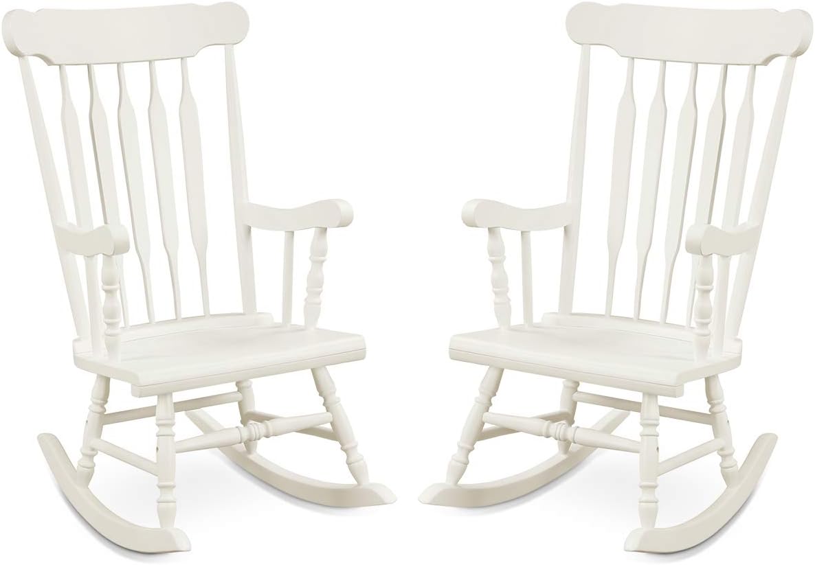 Giantex Outdoor Wood Rocking Chair Set of 2 - Patio Rocking Chair with Rubber Wood Frame, Slat Back, Outside & Indoor Rocker for Garden, Poolside, Balcony, Backyard, Lawn, Front Porch Rocker, White