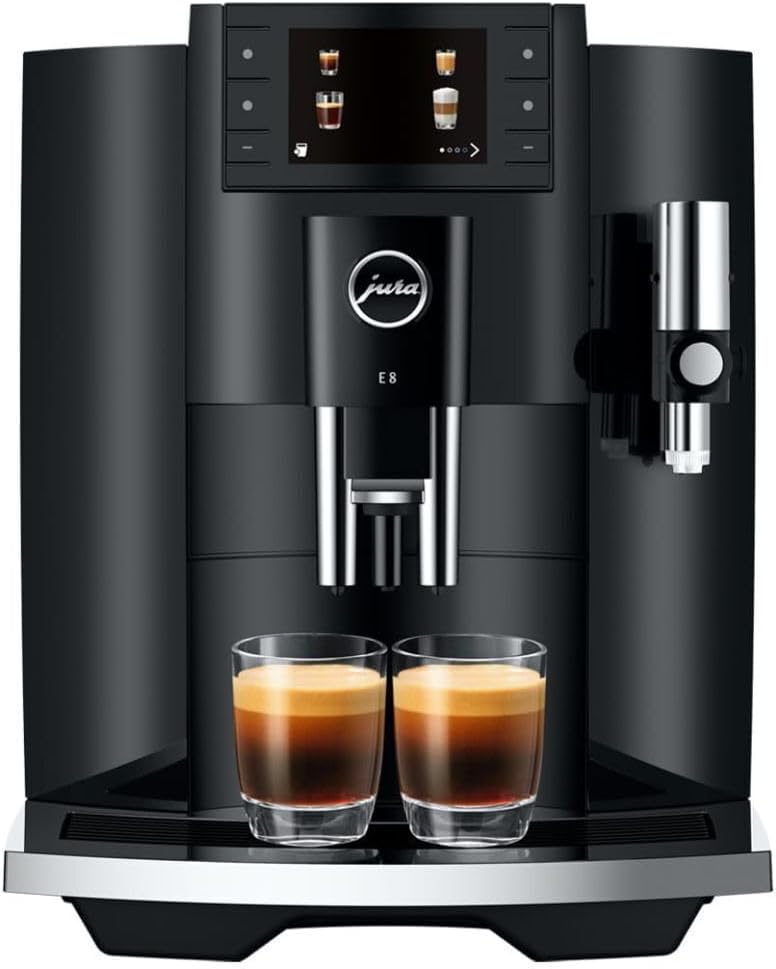 Jura E8 Automatic Coffee Machine with 17 Coffee Specialties, 3.5-Inch Color Display, and 3D Brewing Technology (Piano Black)