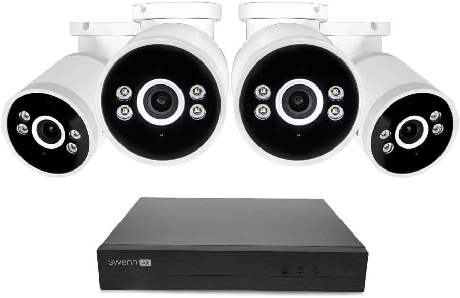 Swann AdvancedX Wired NVR 4K Security Camera System, 8 Channels, 4 PoE Cameras Outdoor, 1TB HDD Storage, Color Night Vision, Smart AI Video Analytics/Alerts, Motion Detection, 24/7 Recording