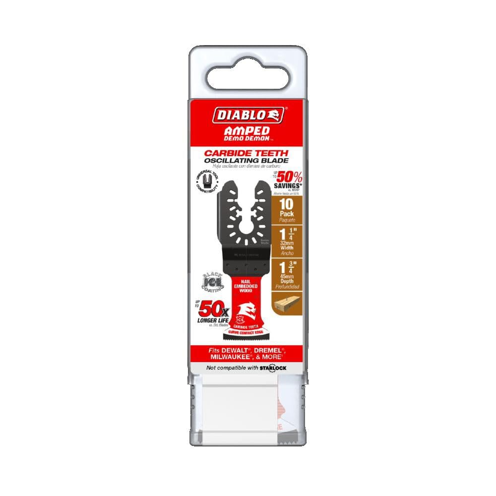 Diablo Amped Demo Demon Universal Fit Carbide Oscillating Blade for Nail-Embedded Wood - 1-1/4' Cutting Width, 1-3/4' Cutting Depth, 10-Pack - DOU125CW10