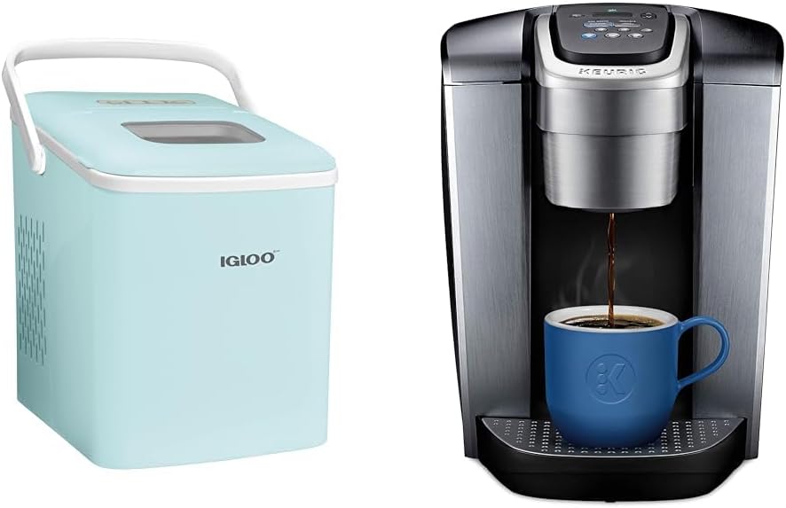 Igloo Automatic Self-Cleaning Portable Electric Countertop Ice Maker Machine with Handle, 26 Pounds in 24 Hours & Keurig K-Elite Single-Serve K-Cup Pod Coffee Maker, Brushed Silver