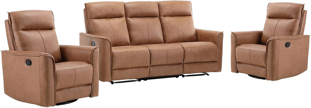EBELLO Manual Recliner Sofa Furniture Set for Living Room, 2 Leathaire Nursing Chairs Swivel Glider Recliners and a 3 Seater Reclining Couch Set for Home Office, Brown