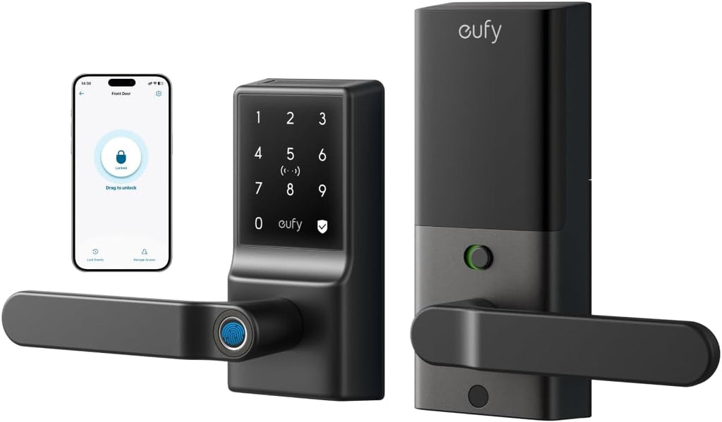 eufy Security Smart Lock C33, Keypad Door Lock with Handle, Fingerprint Door Knob, Keyless Entry Door Lock for Front Door and Bedrooms, Electronic Deadbolt, Wi-Fi, App Control, IP53 Waterproof, Black